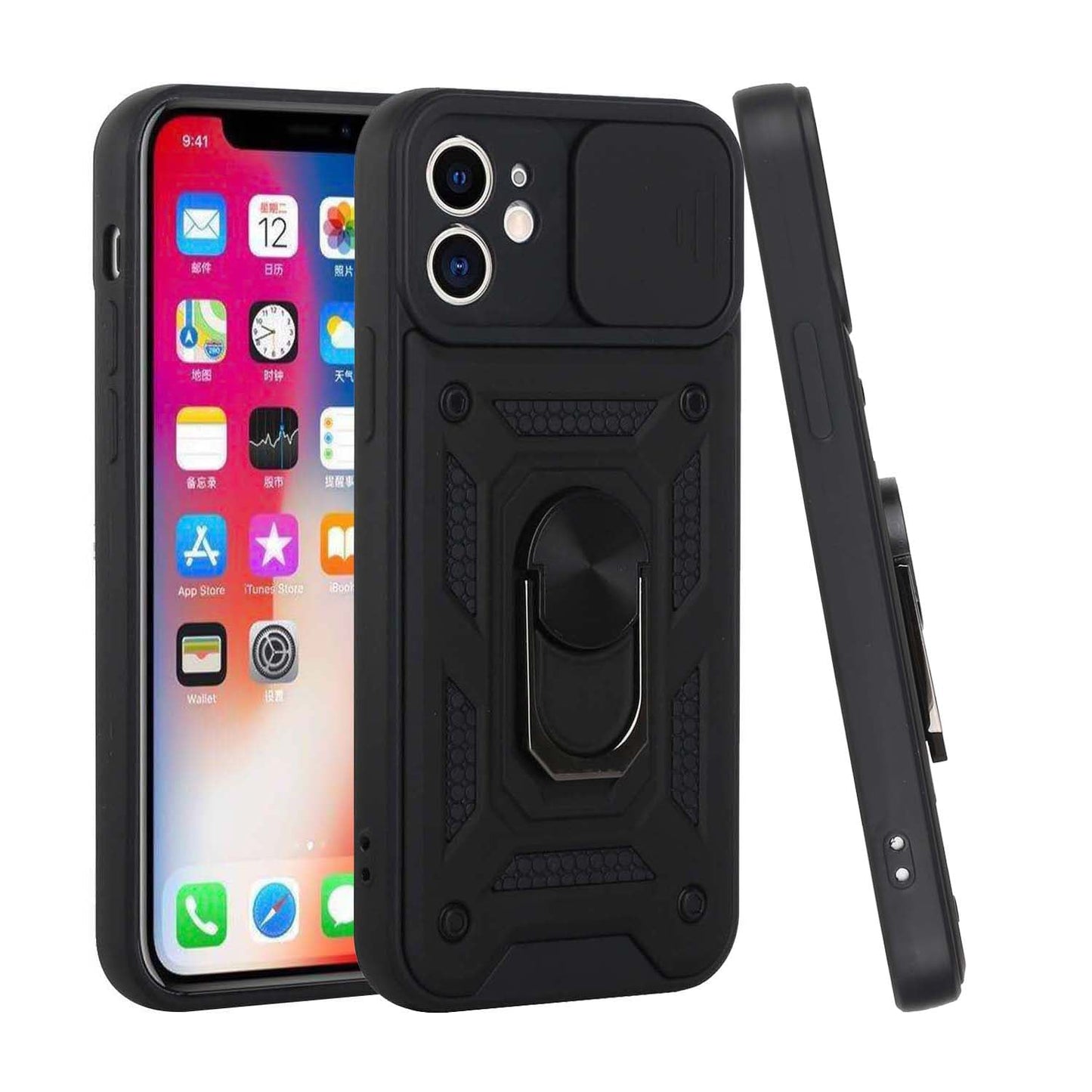 For Apple iPhone SE 3 (2022) SE/8/7 Hybrid Case with Slide Camera Lens Cover, Ring Kickstand, Heavy-Duty Dual Layer TPU, Fit Magnet Car Mount Case Cover