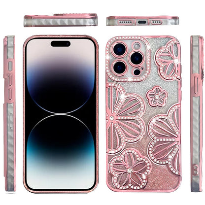 For Apple iPhone 16 Pro (6.3") Luxury Floral Design Sparkle Glitter Diamond Crystal Rhinestone Shimmer Bling Plating Thick TPU Hard PC Case Cover