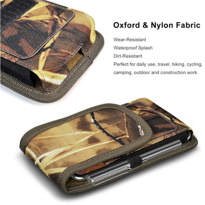For Apple iPhone 16 Plus (6.7") Vertical Camouflage Nylon Canvas Holster Universal Cell Phone Pouch Velcro Closure with Credit Card Slot & Belt Clip Loop Carabiner [Hunting Camo]