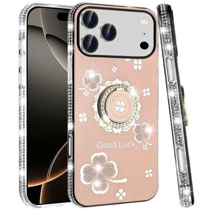 For Apple iPhone 17 Pro Max (6.9") Diamonds Bling All Around Edges Sparkly Glitter Hybrid with Ring Stand Holder Fashion Good Luck Case Cover