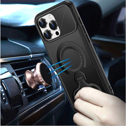 For Apple iPhone 13 Pro Max Hybrid with Invisible 2 Hole Ring Stand Magnetic back Car Mount Friendly Protector Case Cover Black