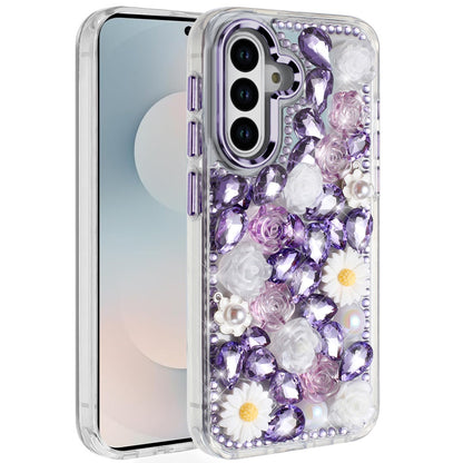 For Samsung Galaxy S26 Fashion Daisy Floral Series, Full 3D Bling Crystal Diamonds Sparkling Rhinestone Glitter Hybrid Design Case Cover Pink
