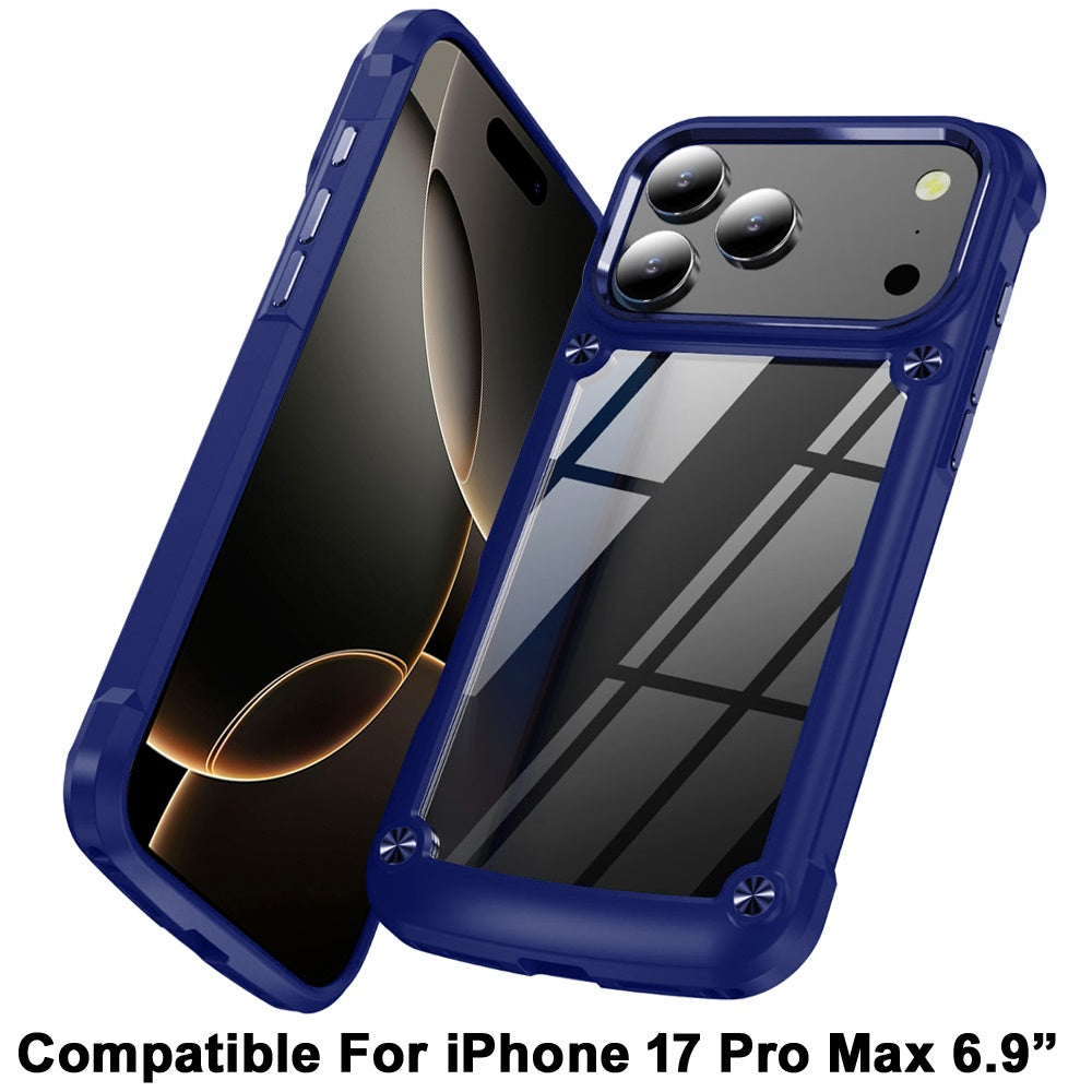 For Apple iPhone 17 Pro Max Hybrid Transparent Rubber with Metal Buttons & Camera Edges Hard TPU Corner Frame Bumper Case Cover