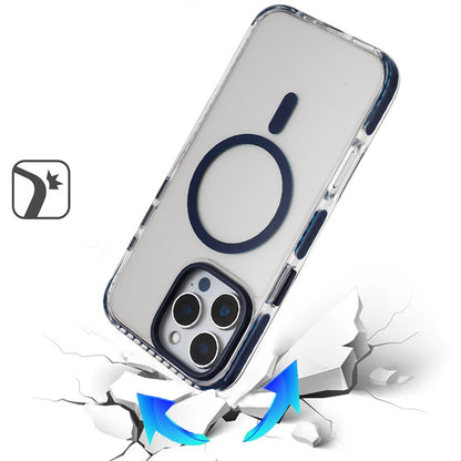 For Apple iPhone 17 Pro Max Transparent Hybrid with Color-Matched Magnetic Circle, Rubber TPU Frame Hard PC Shockproof Case Cover Blue