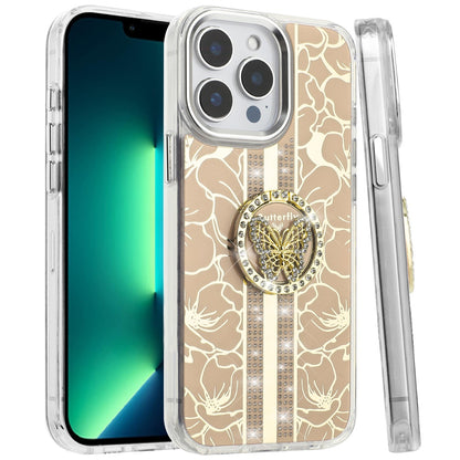 For Apple iPhone 13 Pro Max Diamonds 3D Butterfly Floral Design Bling Sparkly Glitter Hybrid Metal Fashion with Ring Stand Case Cover