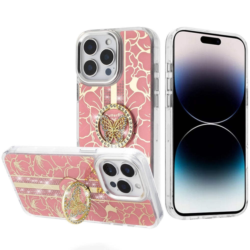 For Motorola Moto G 5G 2025 Diamonds 3D Butterfly Floral Design Bling Sparkly Glitter Hybrid Metal Fashion with Ring Stand Case Cover Light Pink