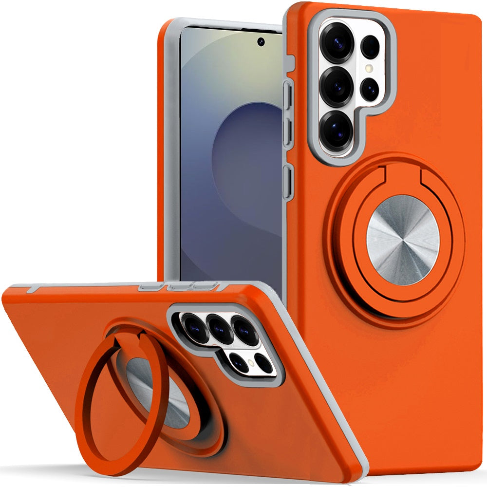 For Samsung Galaxy S25 Ultra Metal Matte Hybrid with Invisible Rotational Ring Stand, Car Mount Friendly, Military Grade Slim Fit Sturdy Case Cover Cosmic Orange