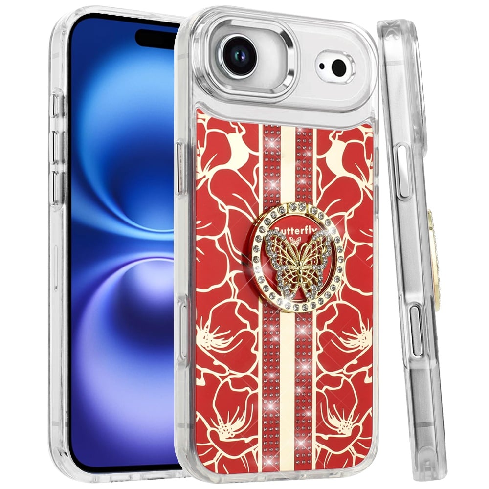 For Apple iPhone 17 Air (6.6") Diamonds 3D Butterfly Floral Design Bling Sparkly Glitter Hybrid Metal Fashion with Ring Stand Case Cover