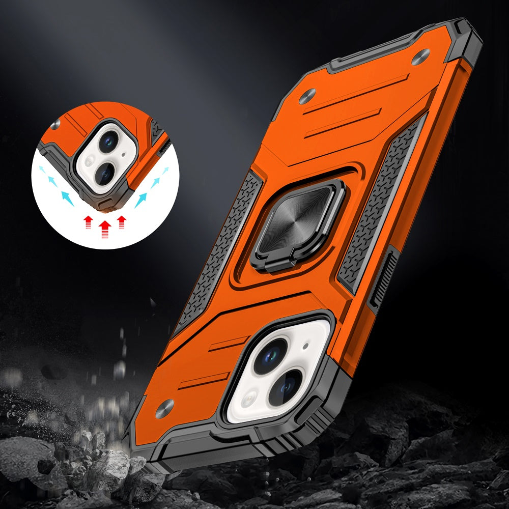 For iPhone 15 Plus (6.7") Armor Hybrid Magnetic Stand with Ring Holder Kickstand Shockproof Heavy-Duty Durable Rugged TPU Dual Layer Case Cover Cosmic Orange