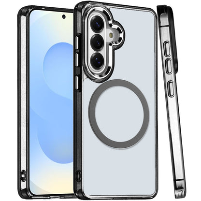 For Samsung Galaxy S25 /S24 Transparent Back Hybrid Case - Magnetic Circle, Color Frame, Metal Buttons, MagSafe Compatible Case Cover