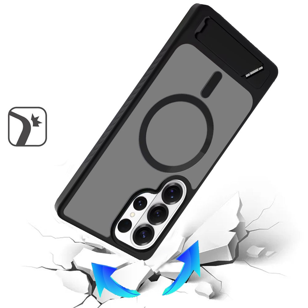 For Samsung Galaxy S26 Ultra Matte Magnetic Circle Back TPU Hybrid Drop Protection with Metal Kickstand Shockproof Design Case Cover Black