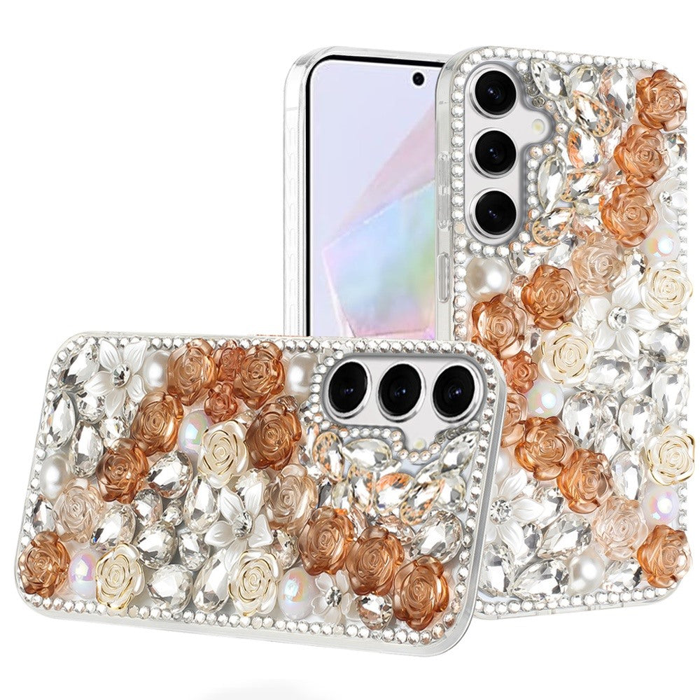For Samsung Galaxy A36 Fashion Rose Flower Floral Bling Crystal 3D Full Diamonds Pearl Sparkle Rhinestone Glitter Hybrid Case Cover