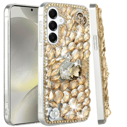 For Samsung Galaxy Z Fold 7 Bling Crystal 3D Full Diamonds Luxury Sparkle Rhinestone Hybrid Protective Case Cover Gold Swan Crown Pearl