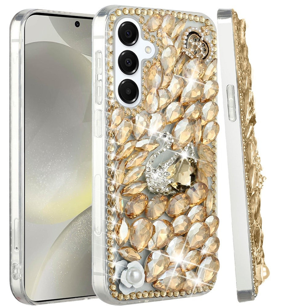 For Samsung Galaxy Z Flip 7 FE Bling Crystal 3D Full Diamonds Luxury Sparkle Rhinestone Hybrid Protective Case Cover Gold Swan Crown Pearl