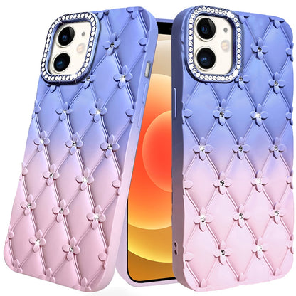 For iPhone 12 / iPhone 12 Pro (6.1") Fashion Flower Design Sparkle Glitter Shimmer Rhinestone Bling Floral Accents, Leather Texture TPU Case Cover