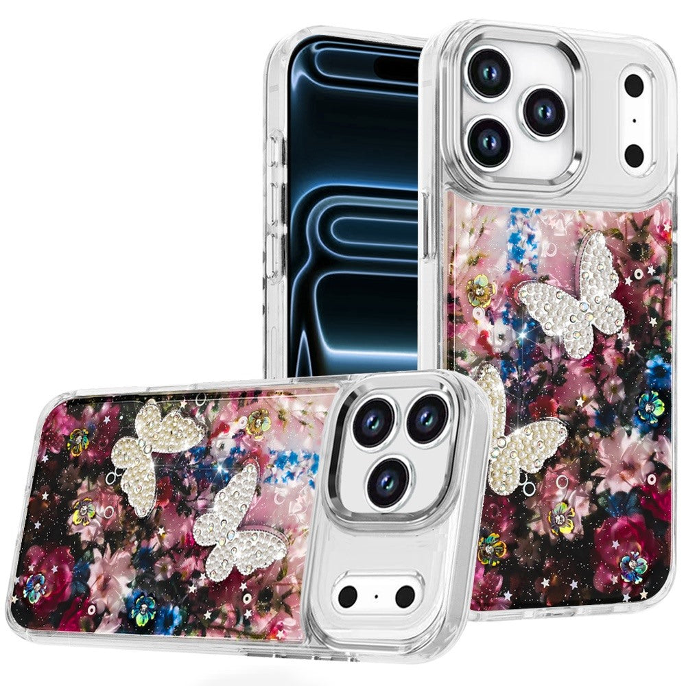 For Apple iPhone 17 Pro Max (6.9") Epoxy Glitter Flowers Bling 3D Butterfly Fashion TPU Hybrid with Shockproof Protection Case Cover