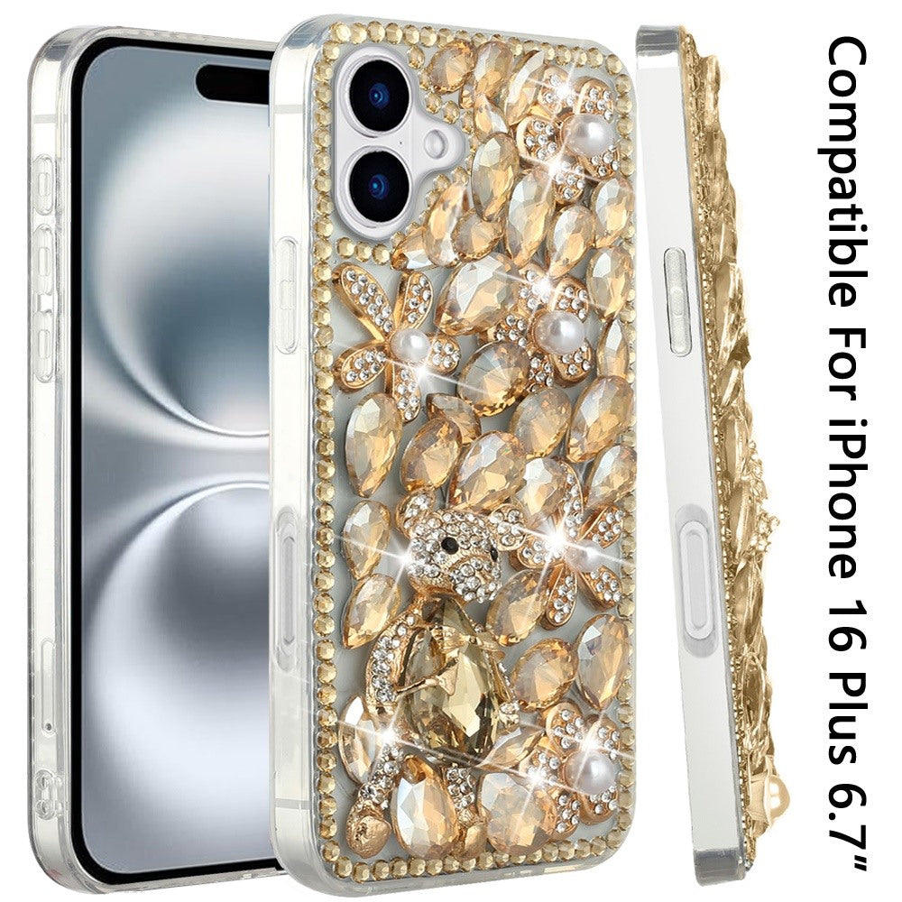 For Apple iPhone 16 Plus (6.7") Bling Crystal 3D Full Diamonds Luxury Sparkle Rhinestone Hybrid Protective Case Cover