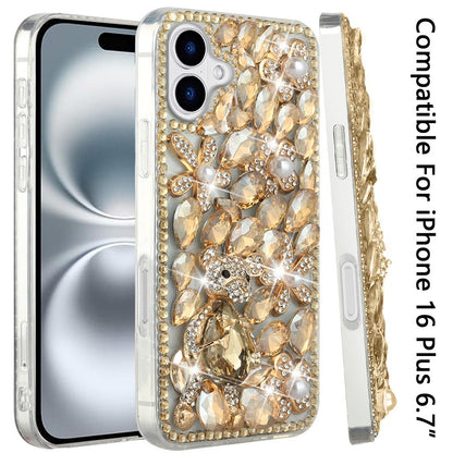 For Apple iPhone 16 Plus (6.7") Bling Crystal 3D Full Diamonds Luxury Sparkle Rhinestone Hybrid Protective Case Cover