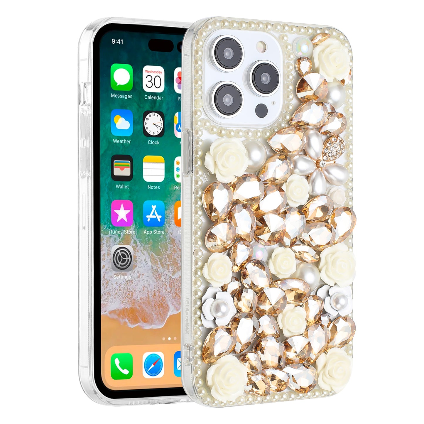 For Apple iPhone 15 Pro Max Fashion Rose Flower Floral Bling Crystal 3D Full Diamonds Pearl Sparkle Rhinestone Glitter Hybrid Case Cover