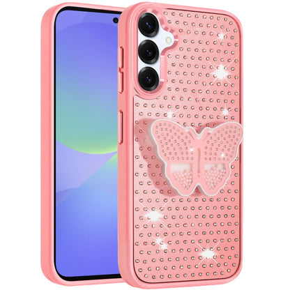 For Samsung Galaxy A36 Butterfly Moveable Grip 3D Pop Stand Full Diamond Bling Sparkling TPU Fashion Hybrid Case Cover