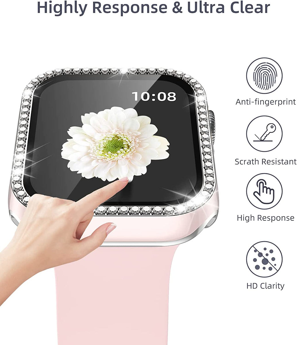 For Apple Watch Size 42mm Luxury Bling Cover Diamond Electroplate Rhinestone Bumper Protective Frame with Tempered Glass Screen Protector Case Cover