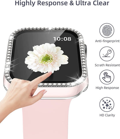 For Apple Watch Size 42mm Luxury Bling Cover Diamond Electroplate Rhinestone Bumper Protective Frame with Tempered Glass Screen Protector Case Cover