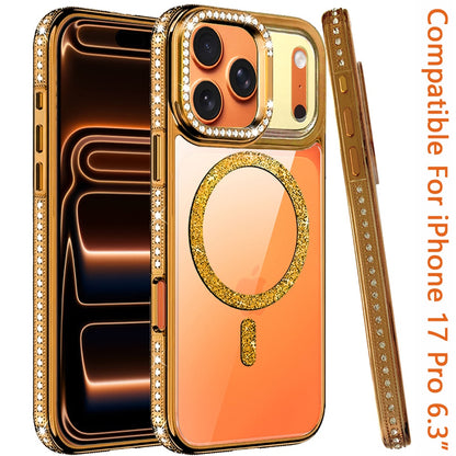 Phone Case for Apple iPhone 17 Pro Luxury Diamond Bling Edged Magnetic Glitter Shockproof Hybrid with Camera Kickstand Durable Grip Cover