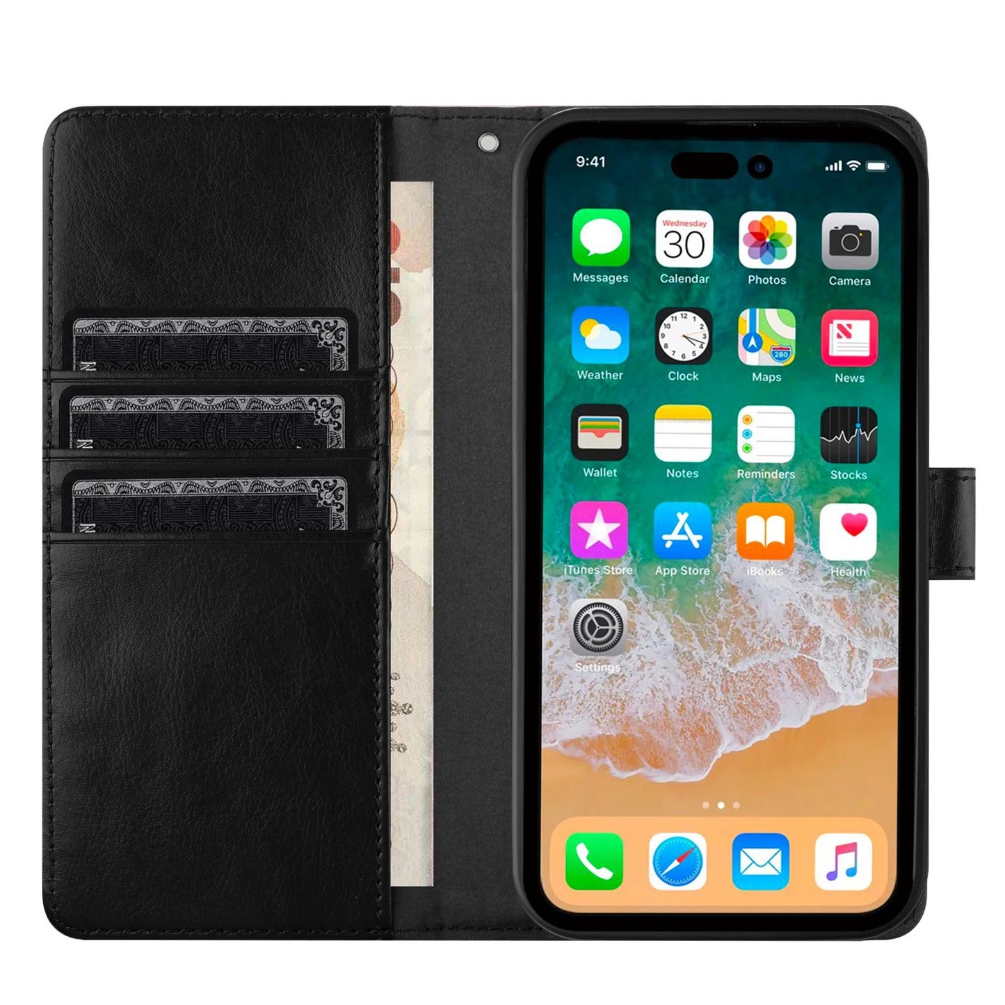 For Apple iPhone 16 Plus (6.7") Deattachable PU Leather Hybrid Wallet Money Credit Card Holder Support Magsafe Charger Case Cover Black