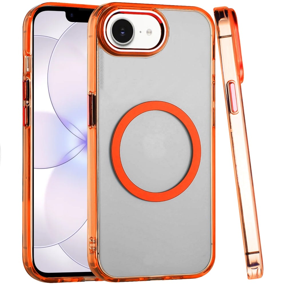 For Apple iPhone 17E /16E Transparent Back Hybrid Case - Magnetic Circle, Color Frame, Metal Buttons, MagSafe Compatible Case Cover Cosmic Orange