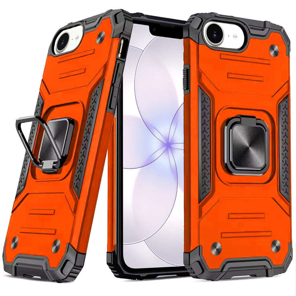 For Apple iPhone 17E /16E Armor Hybrid Magnetic Stand with Ring Holder Kickstand Shockproof Heavy-Duty Durable Rugged TPU Dual Layer Case Cover Cosmic Orange