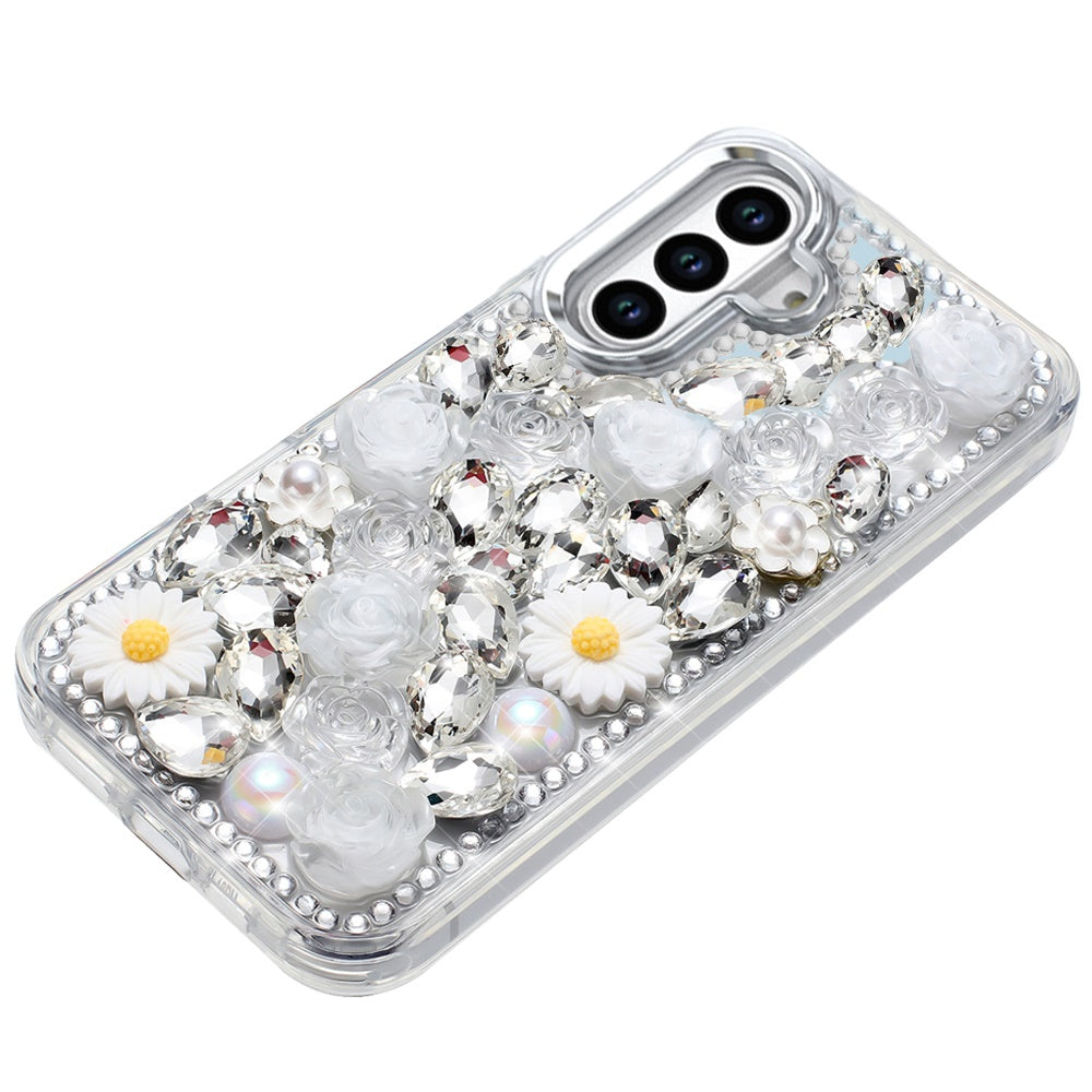 For Samsung Galaxy A16 5G Fashion Daisy Floral Series, Full 3D Bling Crystal Diamonds Sparkling Rhinestone Glitter Hybrid Design Case Cover