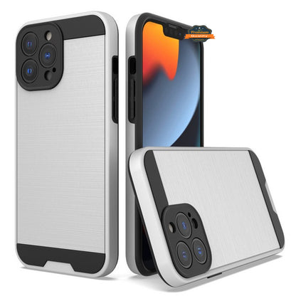 For Apple iPhone 15 Pro Max (6.7") Slim Rugged TPU + Hard Brushed Metal Texture Hybrid Dual Layer Armor Shockproof  Phone Case Cover