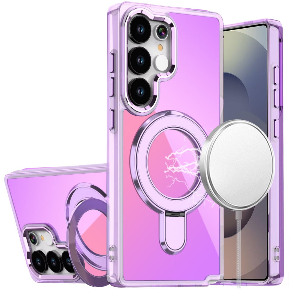 For Samsung Galaxy S25 Ultra Chrome Hybrid with Rotating Magnetic Circle Ring Stand, Slim Shockproof Hybrid Case Cover