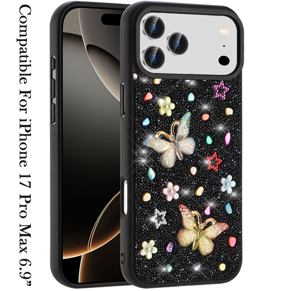 For Apple iPhone 17 Pro Max (6.9") Diamond Butterfly 3D Glitter Bling Design, Slim Hybrid Sparkle Protective Cover TPU for Women Girls Case Cover