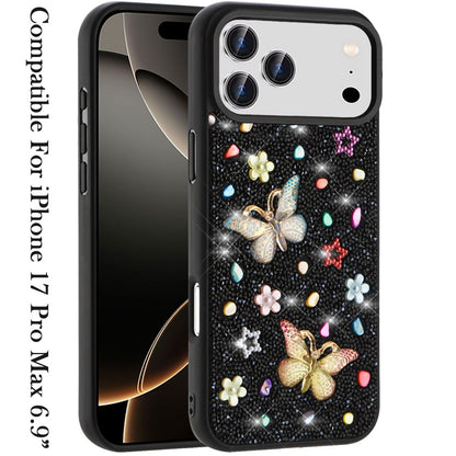 For Apple iPhone 17 Pro Max (6.9") Diamond Butterfly 3D Glitter Bling Design, Slim Hybrid Sparkle Protective Cover TPU for Women Girls Case Cover