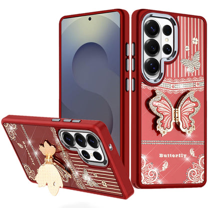 For Samsung Galaxy S25 Ultra Glitter 3D Butterfly Design Bling Metallic Edge Hybrid Stand Drop Protection TPU Shockproof Case Cover