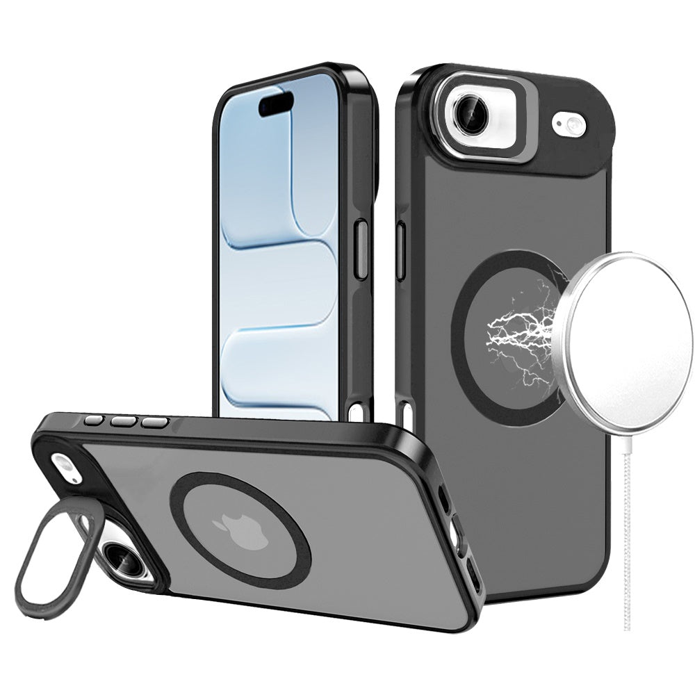 For Apple iPhone 17 Pro (6.3") Tough HQ Hybrid Case with Aluminum Frame Camera Stand, Compatible with MagSafe, Translucent Matte Shockproof Case Cover Black