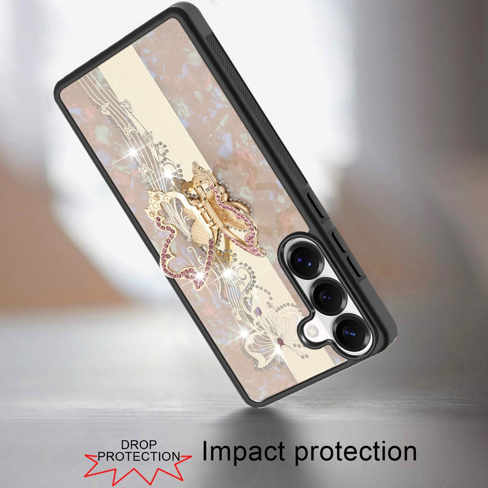 For Samsung Galaxy S25 FE, S25 Fan Edition Diamonds 3D Fashion Bling Sparkly Glitter Ornaments Engraving Hybrid with Ring Stand Case Cover