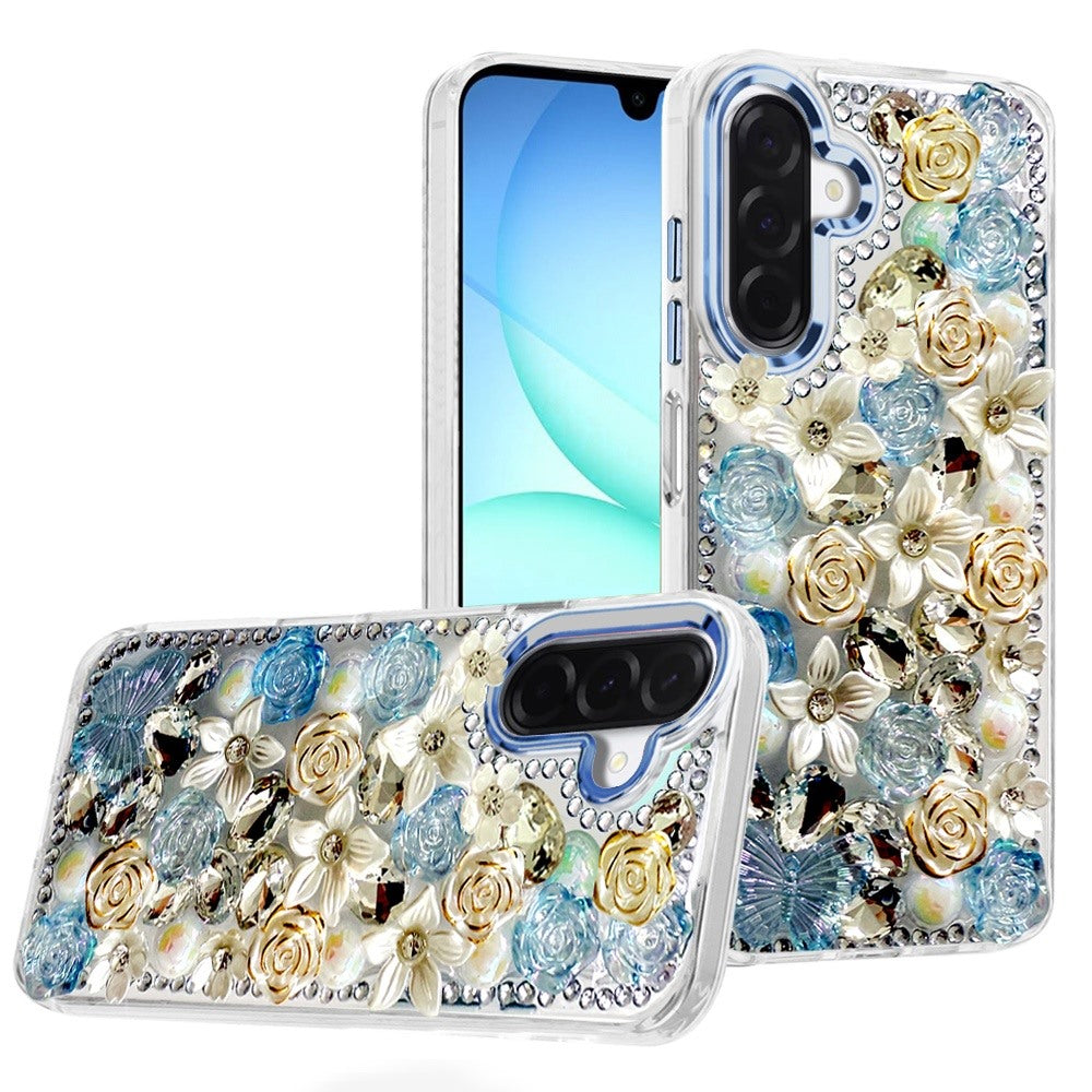 For Samsung Galaxy A37 3D Diamond Floral Roses Flower Bling Stone Hybrid, Sparkly Rhinestone Gemstone Back Shockproof Case Cover