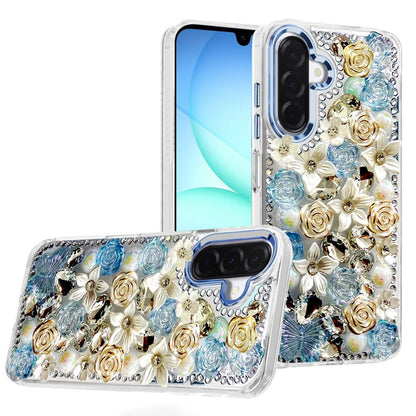 For Samsung Galaxy A37 3D Diamond Floral Roses Flower Bling Stone Hybrid, Sparkly Rhinestone Gemstone Back Shockproof Case Cover