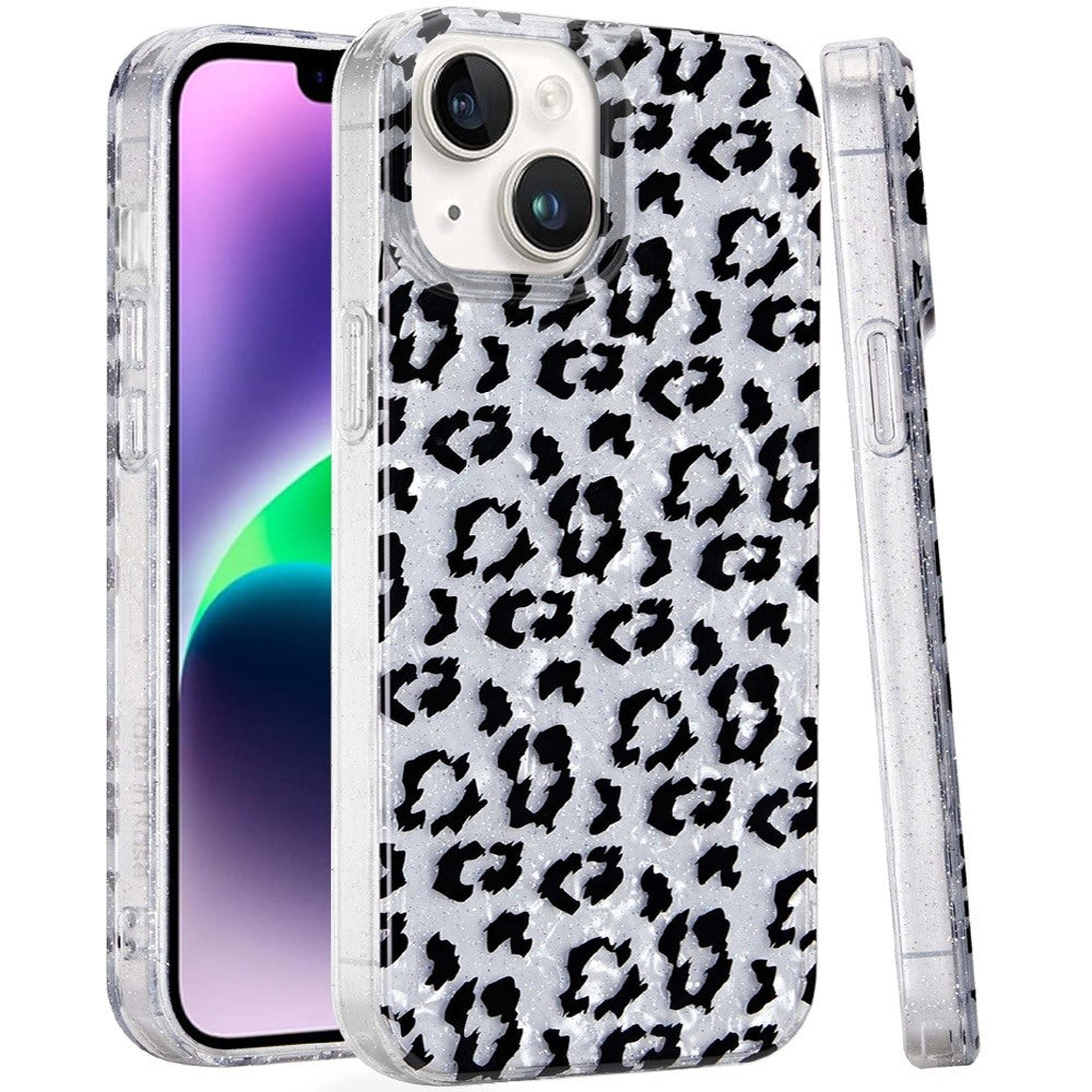 For Apple iPhone 14 /13 Glitter Leopard, Fashion Design Animal Skin Print Slim IMD TPU Dual Layer Shockproof Protective Case Cover