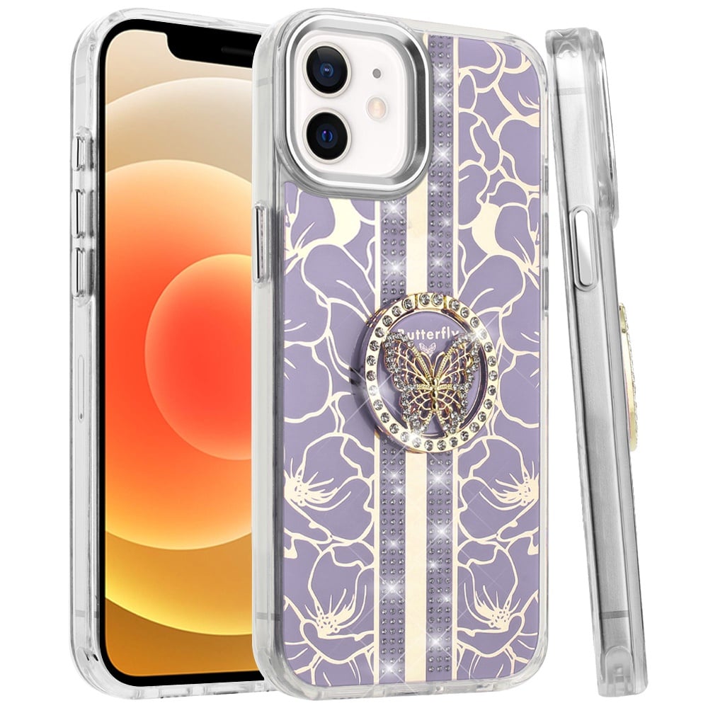 For iPhone 12 / iPhone 12 Pro (6.1") Diamonds 3D Butterfly Floral Design Bling Sparkly Glitter Hybrid Metal Fashion with Ring Stand Case Cover