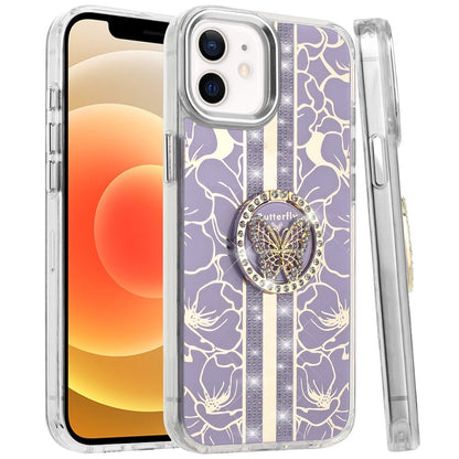 For iPhone 12 / iPhone 12 Pro (6.1") Diamonds 3D Butterfly Floral Design Bling Sparkly Glitter Hybrid Metal Fashion with Ring Stand Case Cover