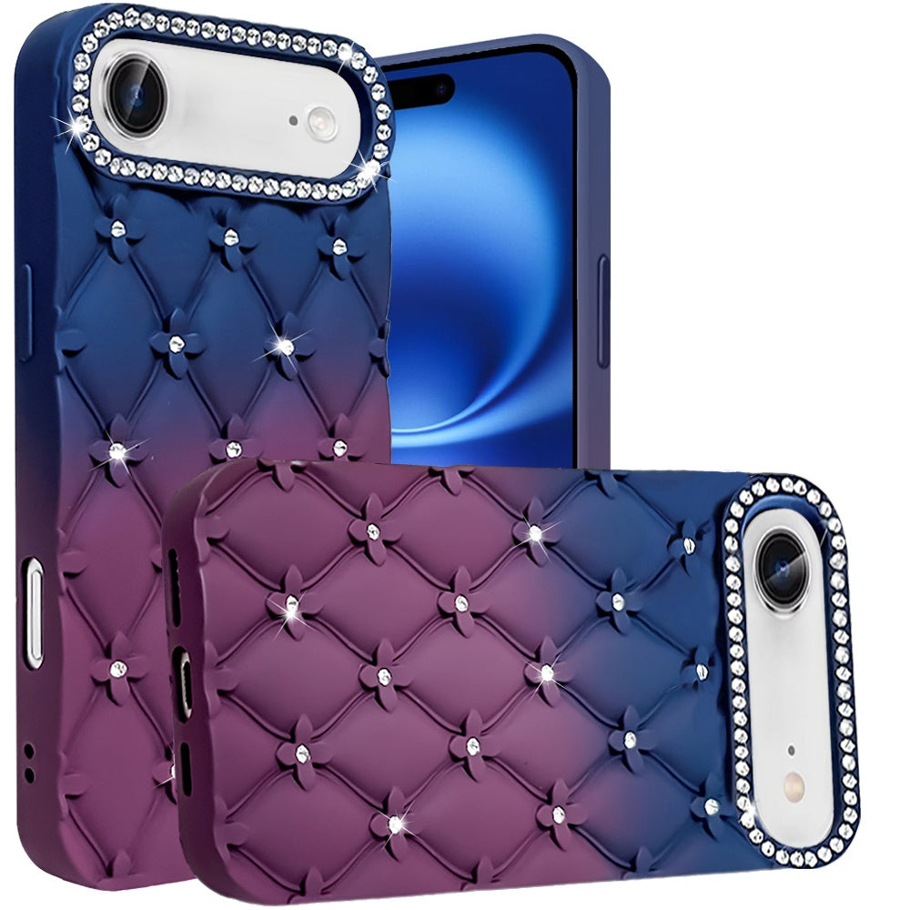 For Apple iPhone 17 Fashion Flower Design Sparkle Glitter Shimmer Rhinestone Bling Floral Accents, Leather Texture TPU Case Cover