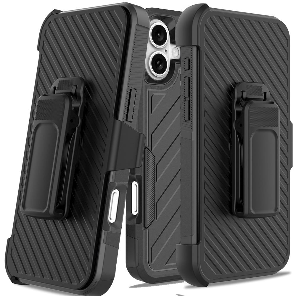 For Apple iPhone 16 Plus (6.7") Combo Hybrid lined with Belt Clip Holster Armor Shockproof Rugged Textured 2in1 Non Slip Tough Case Cover Black / Black