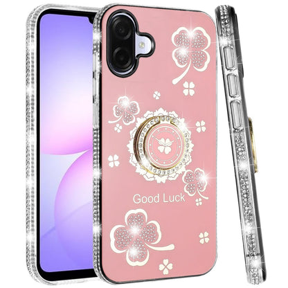 For Samsung Galaxy A07 Diamonds Bling All Around Edges Sparkly Glitter Hybrid with Ring Stand Holder Fashion Good Luck Case Cover