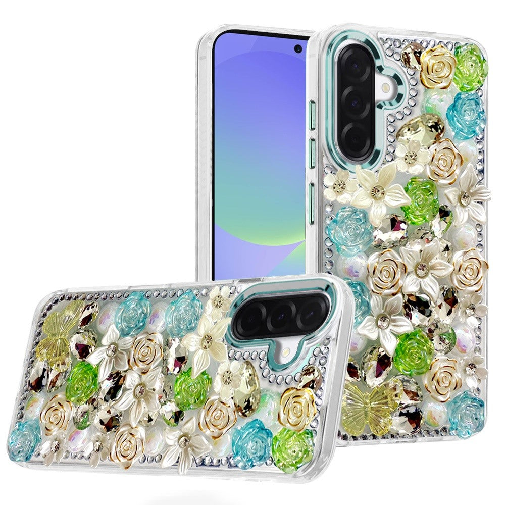 For Samsung Galaxy A37 3D Diamond Floral Roses Flower Bling Stone Hybrid, Sparkly Rhinestone Gemstone Back Shockproof Case Cover