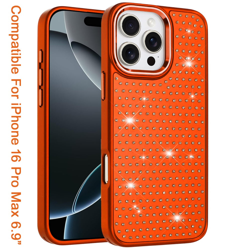 Phone Case for Apple iPhone 16 Pro Max Luxury Diamond Bling Sparkle Chrome Metallic Edge Shockproof Durable Protective Stylish Premium Hybrid Design Cover Cosmic Orange