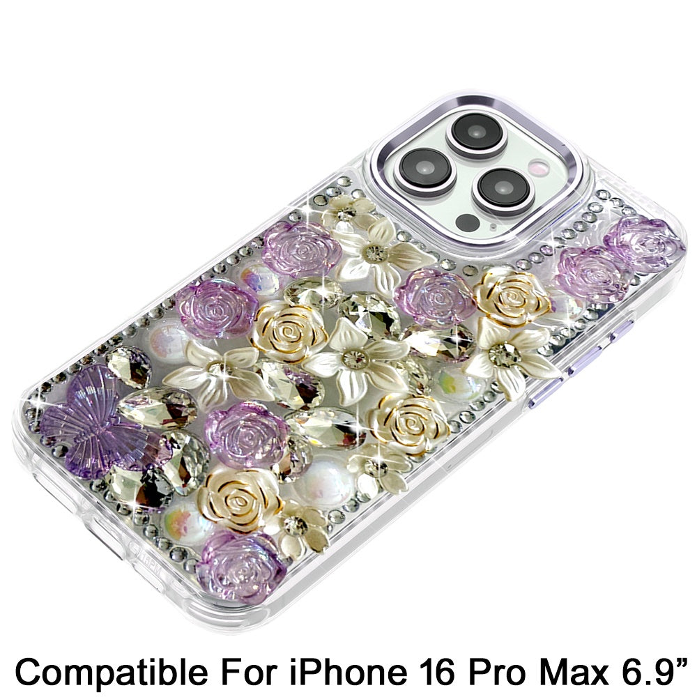 Phone Case for Apple iPhone 16 Pro Max Luxury Rose Bling Rhinestone Glitter Floral Hybrid Shockproof Stylish Protective Designer Ornament Sparkle Cover