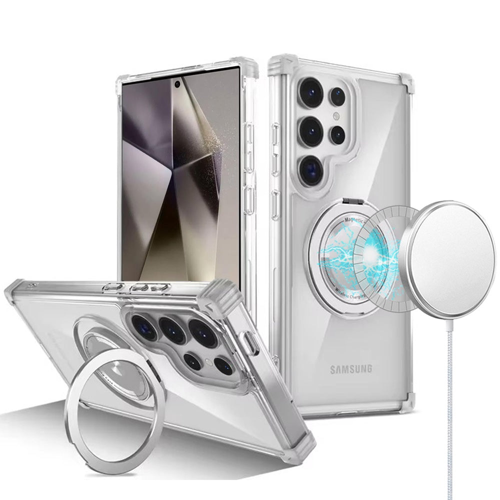For Samsung Galaxy S25 Ultra Shield Magnetic Case [Compatible with MagSafe], 360° Rotatable Invisible Ring Stand, Transparent Back Case Cover